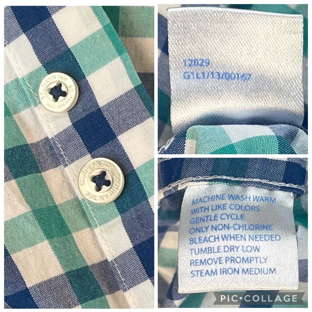 Southern Tide Button Down Shirt Men Large Blue Teal Gingham Long Sleeve Stretch - Picture 8 of 8
